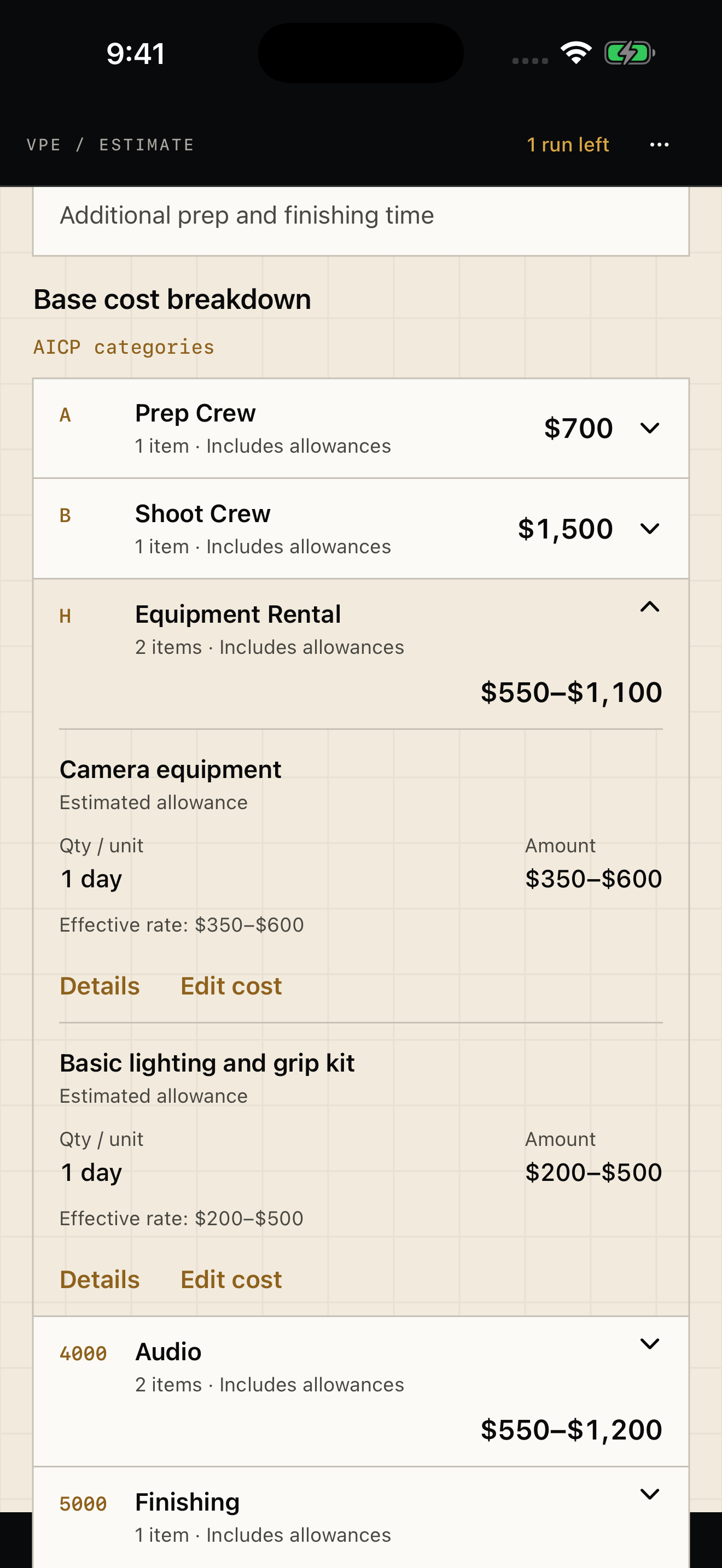 iPhone app with an expanded cost category and controls for inspecting details and editing a working cost.